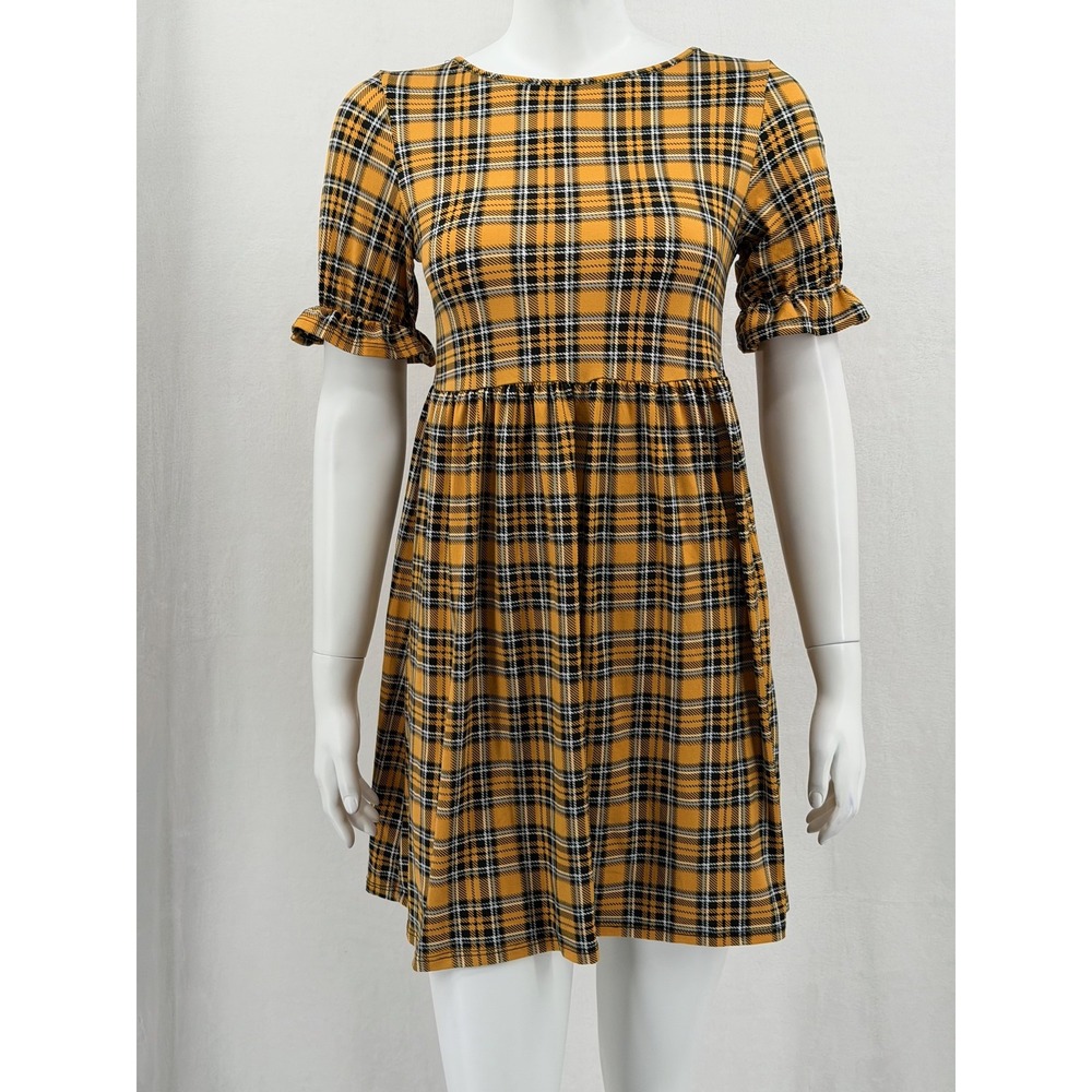 Vibe Dress Womens Medium Yellow Black Plaid Mini Preppy Academia Ruffle Retro